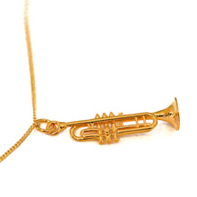 Load image into Gallery viewer, Elaborately detailed Trumpet necklace - 18 carat gold plated over high quality 0.925 sterling silver, combining the glorious rich colour and feel of gold with the strength of sterling silver. Fine details such as mouthpiece, valve casings, pistons, third valve slide, tuning slide and bell. A unique gift for a lover of the Trumpet to wear. 