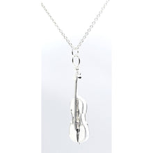 Load image into Gallery viewer, This fabulous Cello necklace has a high level of detail and is made of quality .925 sterling silver especially for us by a specialist jeweller. The Cello pendant's intricate details include the four strings, f-holes, tuning pegs and end pin.