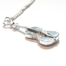 Load image into Gallery viewer, This fabulous Cello necklace has a high level of detail and is made of quality .925 sterling silver especially for us by a specialist jeweller. The Cello pendant&#39;s intricate details include the four strings, f-holes, tuning pegs and end pin. 