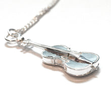 Load image into Gallery viewer, This fabulous Cello necklace has a high level of detail and is made of quality .925 sterling silver especially for us by a specialist jeweller. The Cello pendant's intricate details include the four strings, f-holes, tuning pegs and end pin.