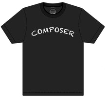 Load image into Gallery viewer, Black T-shirt with white handchalked effect writing of &quot;Composer&quot; in white. Flat view with The Chord Logo visible inside neck