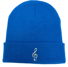 Load image into Gallery viewer, Treble Clef Beanie. Music beanie in Sapphire Blue with Silver Embroidery