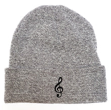 Load image into Gallery viewer, Treble Clef Beanie. Music beanie in Heather Grey with Black Embroidery