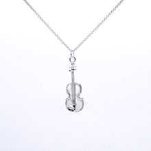 Load image into Gallery viewer, Sterling silver violin pendant necklace. High level of detail including the four strings, chin rest and pegs.