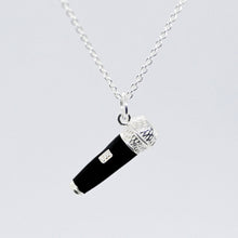 Load image into Gallery viewer, Our gorgeous Enamel and Silver Microphone Necklace is quite distinct in its level of detail and made of high quality .925 sterling silver especially for us by a renowned jewellery brand. The pendant&#39;s intricate details include the head screen and control switch.