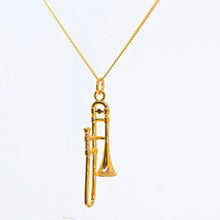 Load image into Gallery viewer, Exquisite Trombone pendant made from fine 18 carat gold plating over high quality 0.925 sterling silver. The Trombone&#39;s intricate design includes details such as the mouthpiece, valve casings, pistons, third valve slide, tuning slide and bell.