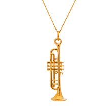 Load image into Gallery viewer, Elaborately detailed Trumpet necklace - 18 carat gold plated over high quality 0.925 sterling silver, combining the glorious rich colour and feel of gold with the strength of sterling silver. Fine details such as mouthpiece, valve casings, pistons, third valve slide, tuning slide and bell. A unique gift for a lover of the Trumpet to wear.