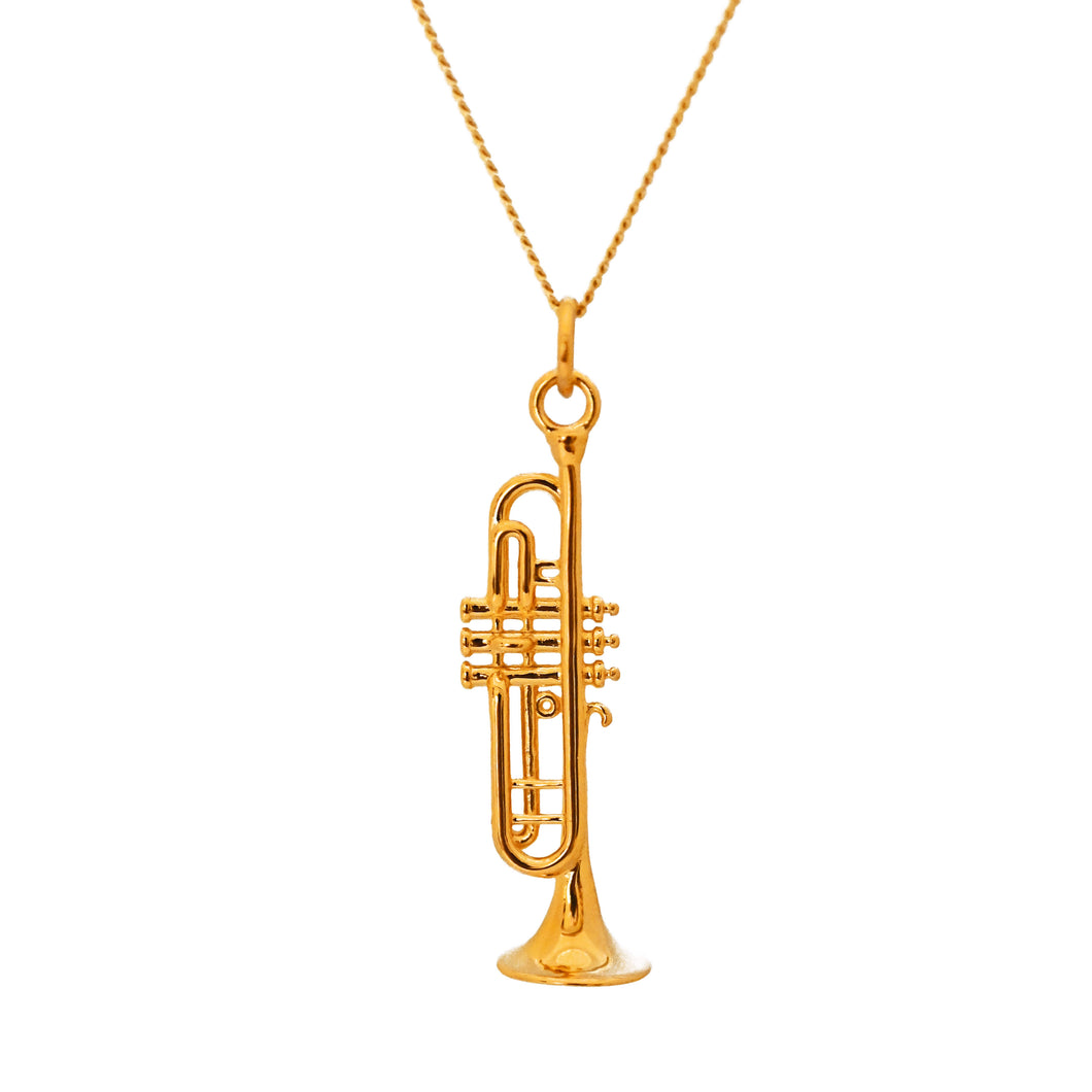 Elaborately detailed Trumpet necklace - 18 carat gold plated over high quality 0.925 sterling silver, combining the glorious rich colour and feel of gold with the strength of sterling silver. Fine details such as mouthpiece, valve casings, pistons, third valve slide, tuning slide and bell. A unique gift for a lover of the Trumpet to wear.
