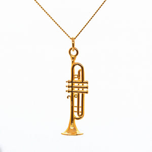Elaborately detailed Trumpet necklace - 18 carat gold plated over high quality 0.925 sterling silver, combining the glorious rich colour and feel of gold with the strength of sterling silver. Fine details such as mouthpiece, valve casings, pistons, third valve slide, tuning slide and bell. A unique gift for a lover of the Trumpet to wear.