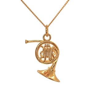 18 carat Gold Plating over Sterling Silver French Horn Necklace. The French Horn pendant's intricate details include the the bell, mouthpiece, valve tube, and valve levers and has exquisite detailing on both sides.