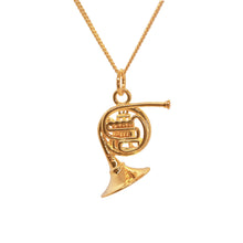 Load image into Gallery viewer, 18 carat Gold Plating over Sterling Silver French Horn Necklace. The French Horn pendant&#39;s intricate details include the the bell, mouthpiece, valve tube, and valve levers and has exquisite detailing on both sides.