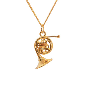 18 carat Gold Plating over Sterling Silver French Horn Necklace. The French Horn pendant's intricate details include the the bell, mouthpiece, valve tube, and valve levers and has exquisite detailing on both sides.
