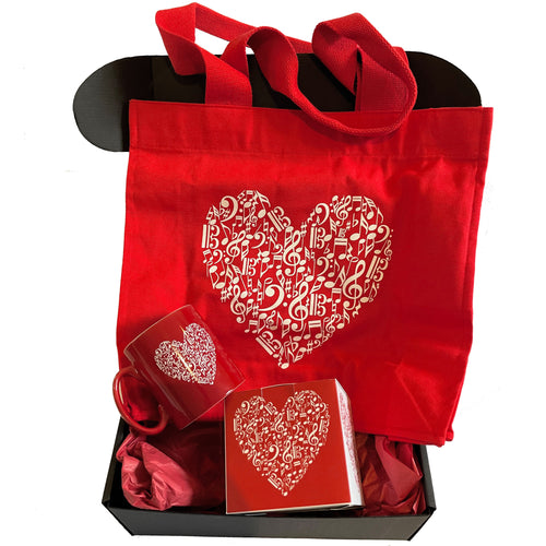 Music Heart Design Red Gift Set:  Ceramic Mug with Gift Box and Tote Bag