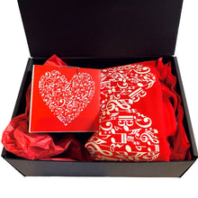 Load image into Gallery viewer, Music Heart Design Red Gift Set:  Ceramic Mug with Gift Box and Tote Bag