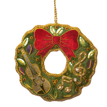 Load image into Gallery viewer, beautiful fabric wreath with detailed hand-embroidered musical symbols and a violin in shimmering gold and beading on the front.