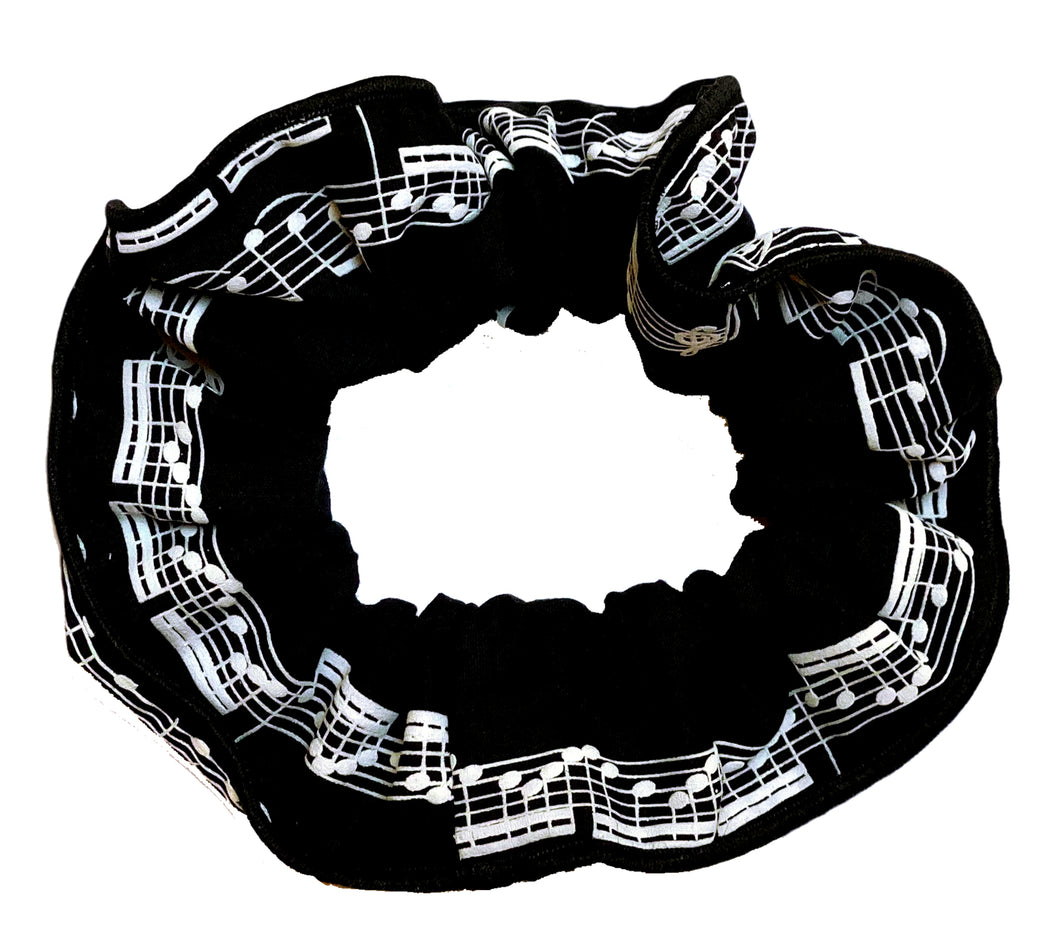 Musical hair tie scrunchie. White music score on black material.  Hand-made, large size (approx 15cm diameter)