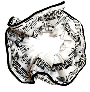 Musical hair tie scrunchie. Black music score on White material.  Hand-made, large size (approx 15cm diameter)
