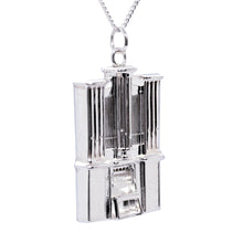 Load image into Gallery viewer, Sterling Silver Organ pendant necklace. Fine details include intricate sets of pipes, keys, keyboards and stool.