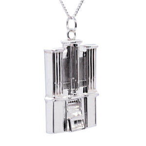 Sterling Silver Organ pendant necklace. Fine details include intricate sets of pipes, keys, keyboards and stool.
