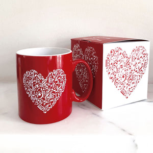Music Heart Design Red Gift Set:  Ceramic Mug with Gift Box and Tote Bag