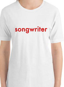 White T-shirt with "songwriter" in red text outlined in black. Shown on blank background.