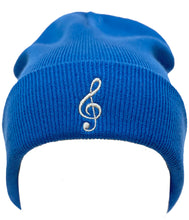 Load image into Gallery viewer, Treble Clef Beanie. Music beanie in Sapphire Blue with Silver Embroidery