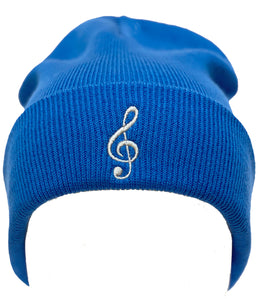Treble Clef Beanie. Music beanie in Sapphire Blue with Silver Embroidery