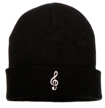 Load image into Gallery viewer, Treble Clef Beanie. Music beanie in Black with White Embroidery