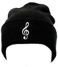 Load image into Gallery viewer, Treble Clef Beanie. Music beanie in Black with White Embroidery