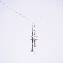 Load image into Gallery viewer, Sterling Silver trumpet pendant necklace. The Trumpet pendant&#39;s intricate design includes fine details such as the mouthpiece, valve casings, pistons, third valve slide, tuning slide and bell.